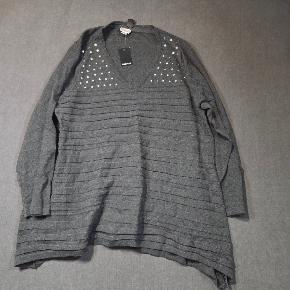 Avenue Emma Tunic Sweater Womens 26/28 Charcoal Gray Rhinestone Metallic Knit